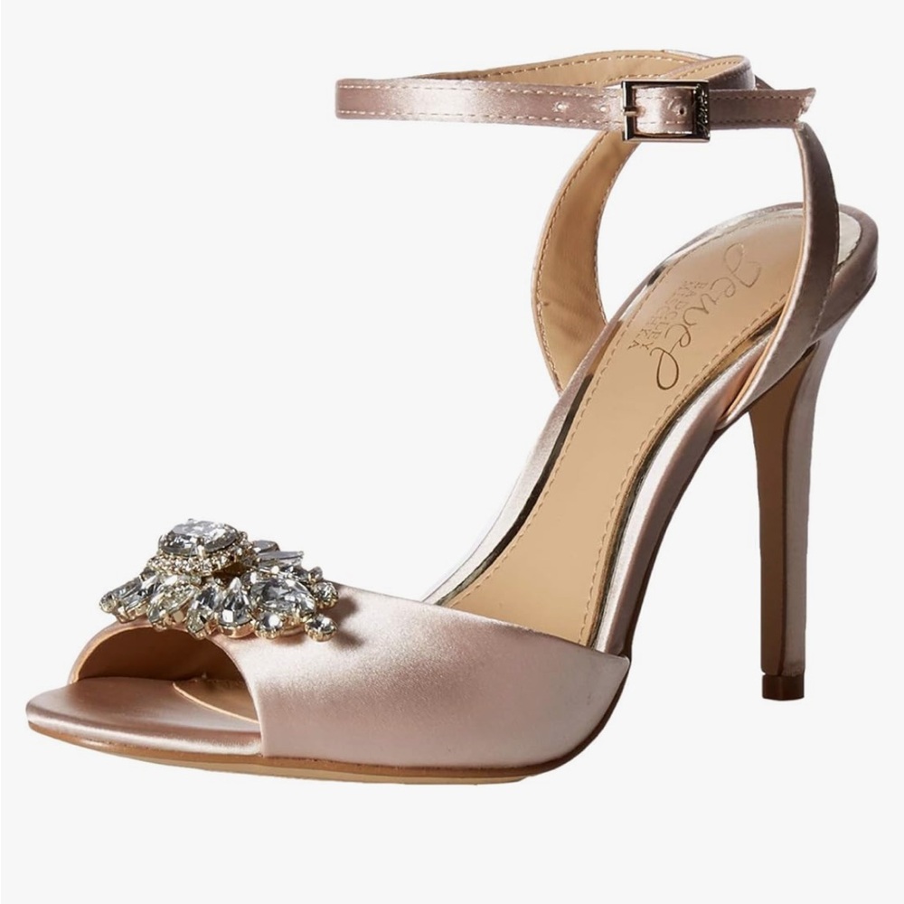 Jewel Badgley Mischka Hayden Satin Nude Wedding Heels | Women’s Size 7